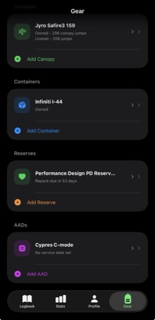 BreakOff gear tracking screens